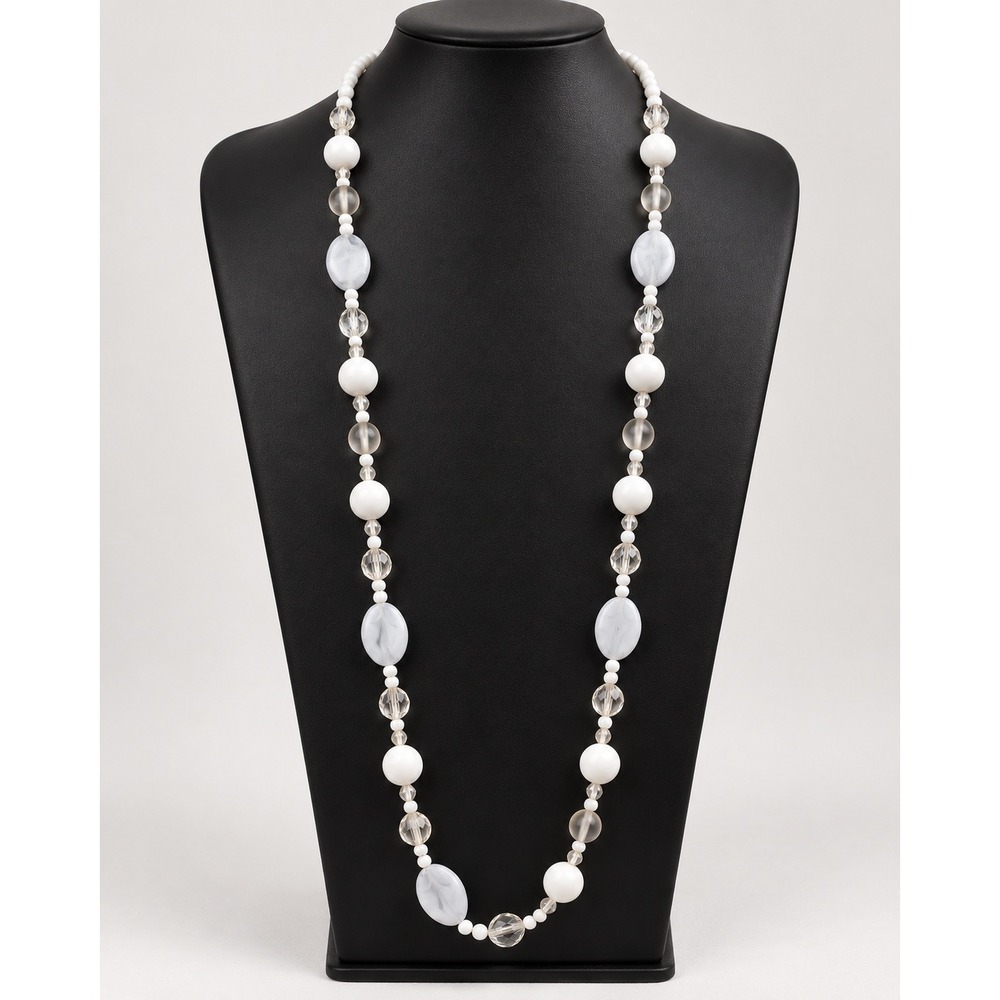 Vintage White and Marbled Grey Beaded Long Strand Necklace Clear Faceted Accents